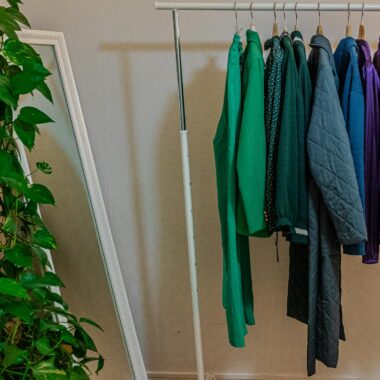 A clothes rack with colorful garments beside a mirror and lush ivy plant indoors.