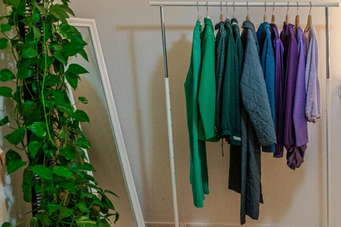 A clothes rack with colorful garments beside a mirror and lush ivy plant indoors.